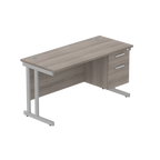 Office desk with grey wood-effect top, matching pedestal and silver frame on a white background