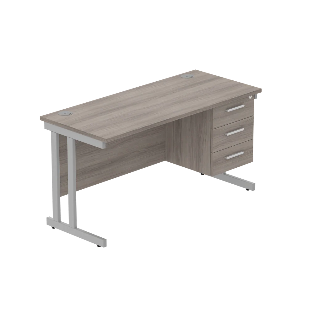 Office desk with grey wood-effect top, matching pedestal and silver frame on a white background