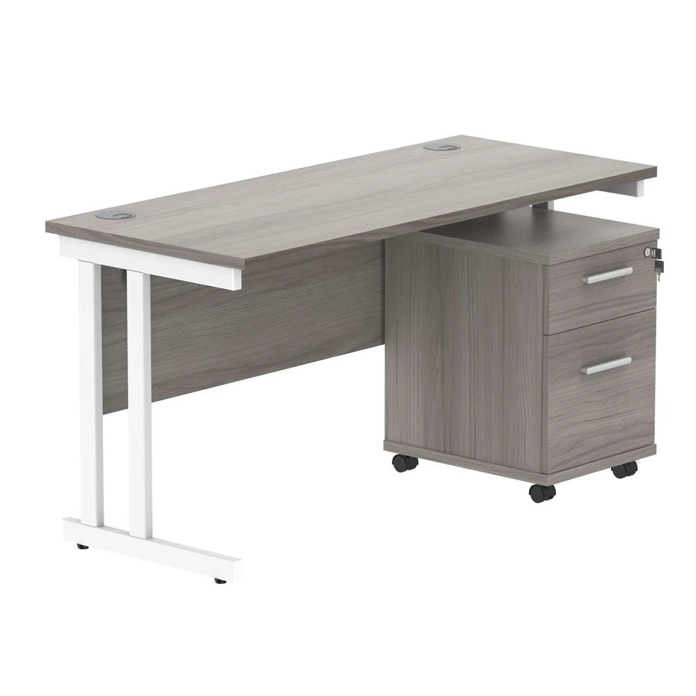 Office desk with a grey wood-effect top, white frame and a matching pedestal on a white background