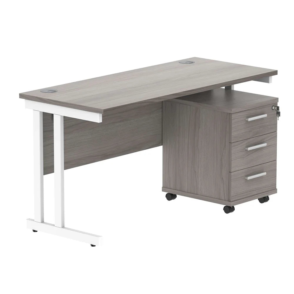 Office desk with grey wood-effect top, white legs and a matching pedestal on a white background
