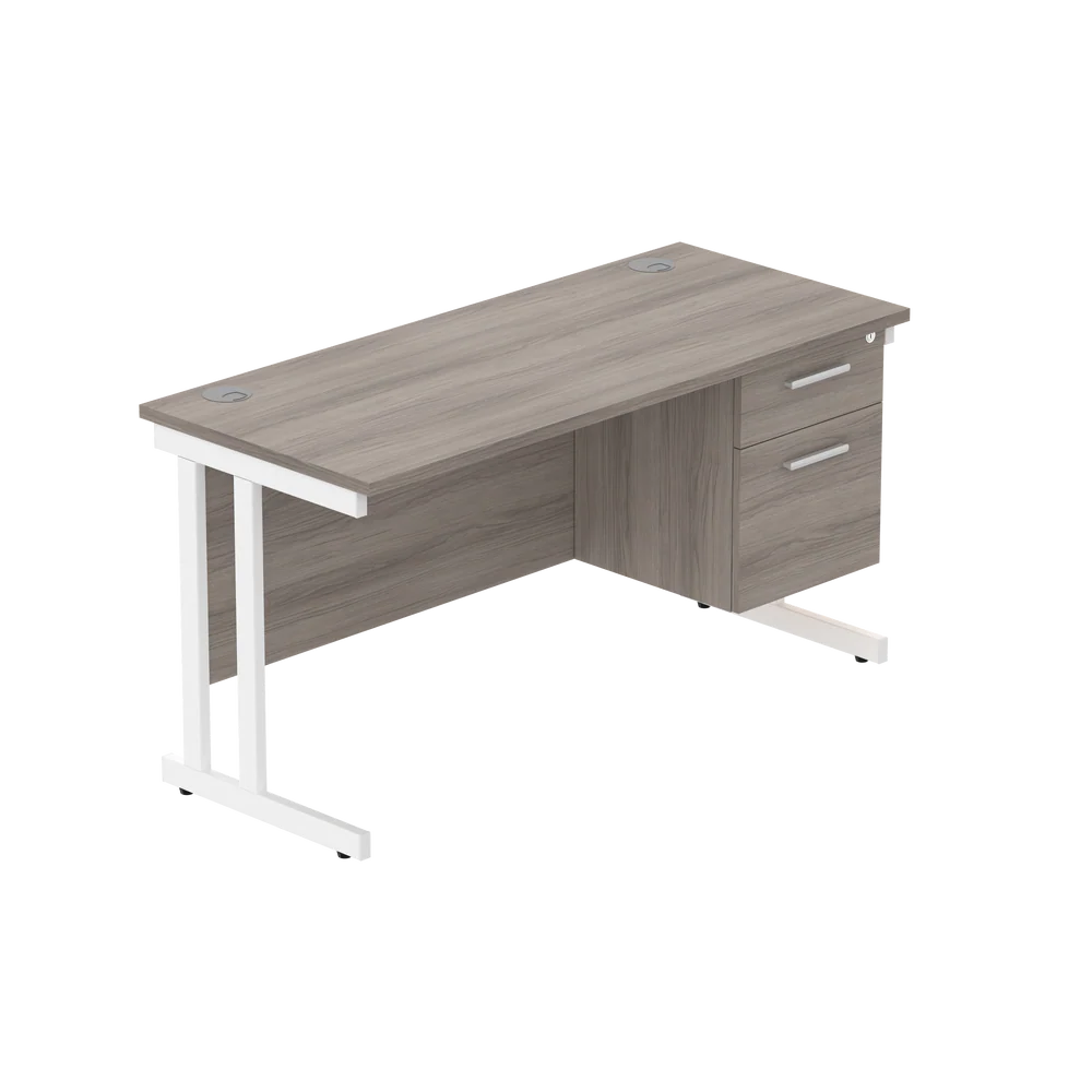 Office desk with grey wood-effect top, matching pedestal and white frame on a white background