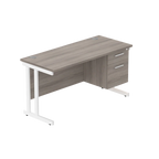 Office desk with grey wood-effect top, matching pedestal and white frame on a white background