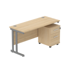 Office desk with a wood-effect top, grey frame and a matching pedestal on a white background