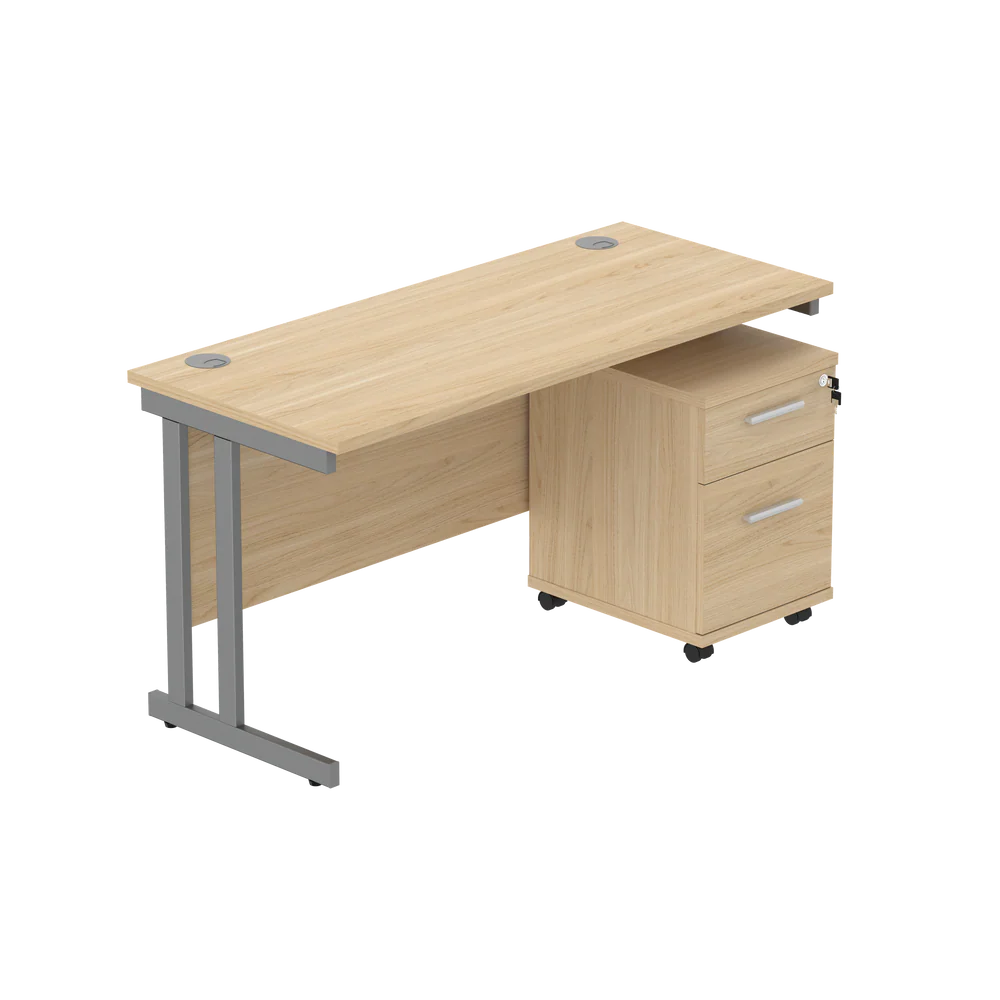 Office desk with a wood-effect top, grey frame and a matching pedestal on a white background
