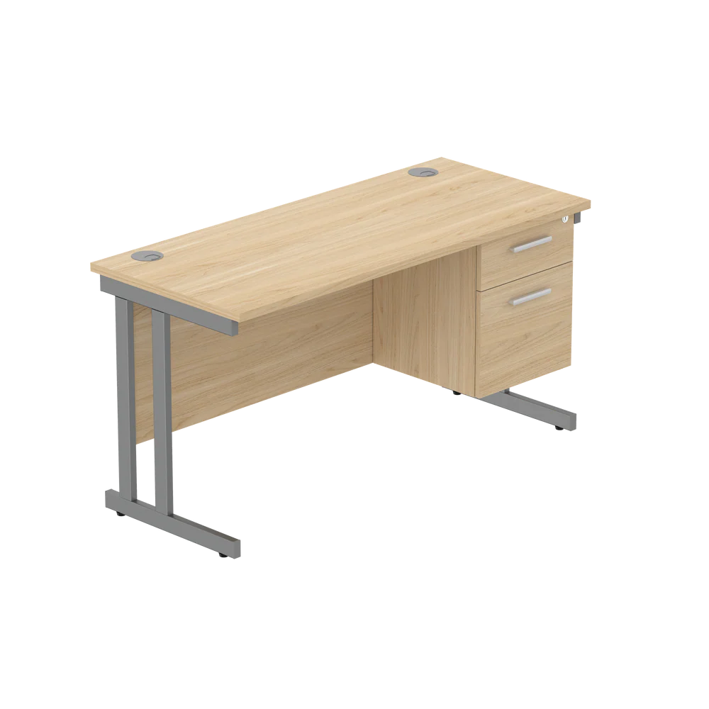 Office desk with wood-effect top, matching pedestal and grey frame on a white background