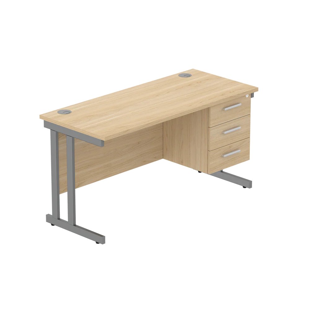 Office desk with wood-effect top, matching pedestal and grey frame on a white background
