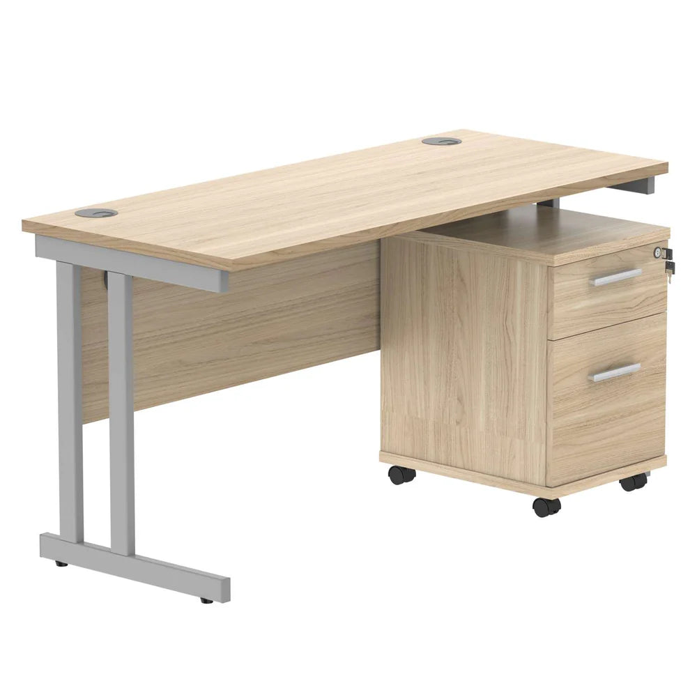Office desk with a wood-effect top, silver frame and a matching pedestal on a white background