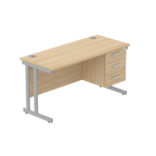 Office desk with wood-effect top, matching pedestal and silver frame on a white background