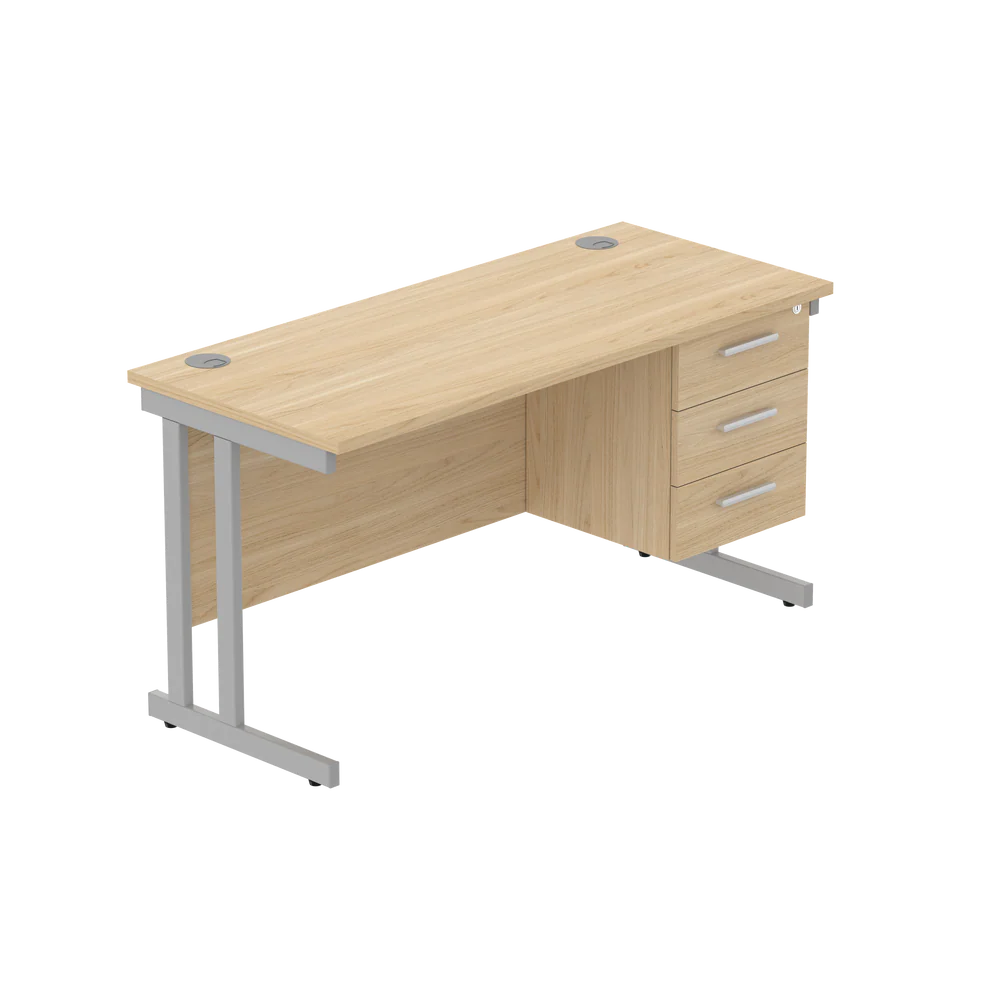 Office desk with wood-effect top, matching pedestal and silver frame on a white background