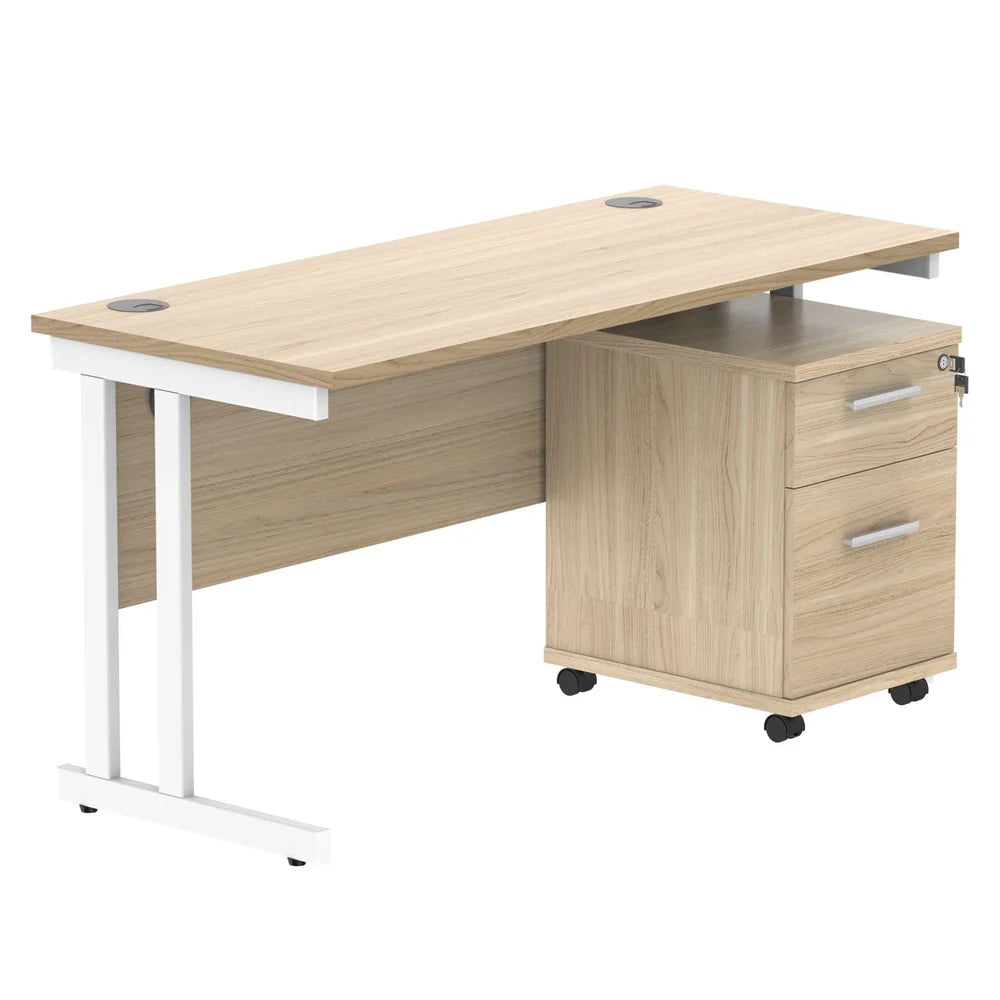 Office desk with a wood-effect top, white frame and a matching pedestal on a white background