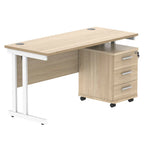 Office desk with wood-effect top, white legs and a matching pedestal on a white background