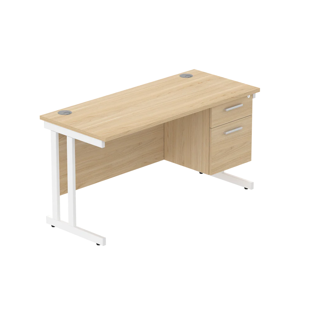 Office desk with wood-effect top, matching pedestal and white frame on a white background
