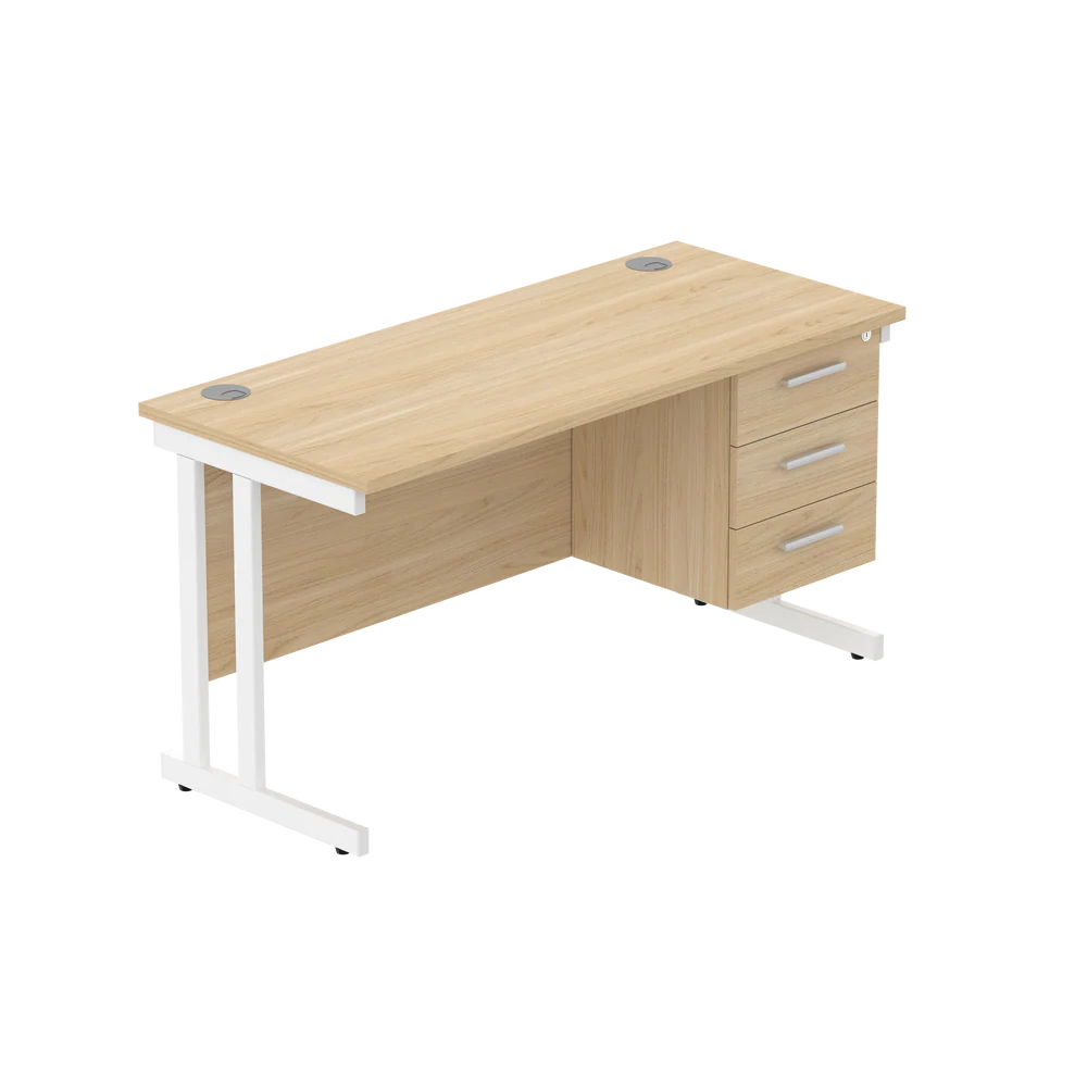 Office desk with wood-effect top, matching pedestal and white frame on a white background