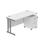 Office desk with a white top, grey frame and a matching pedestal on a white background