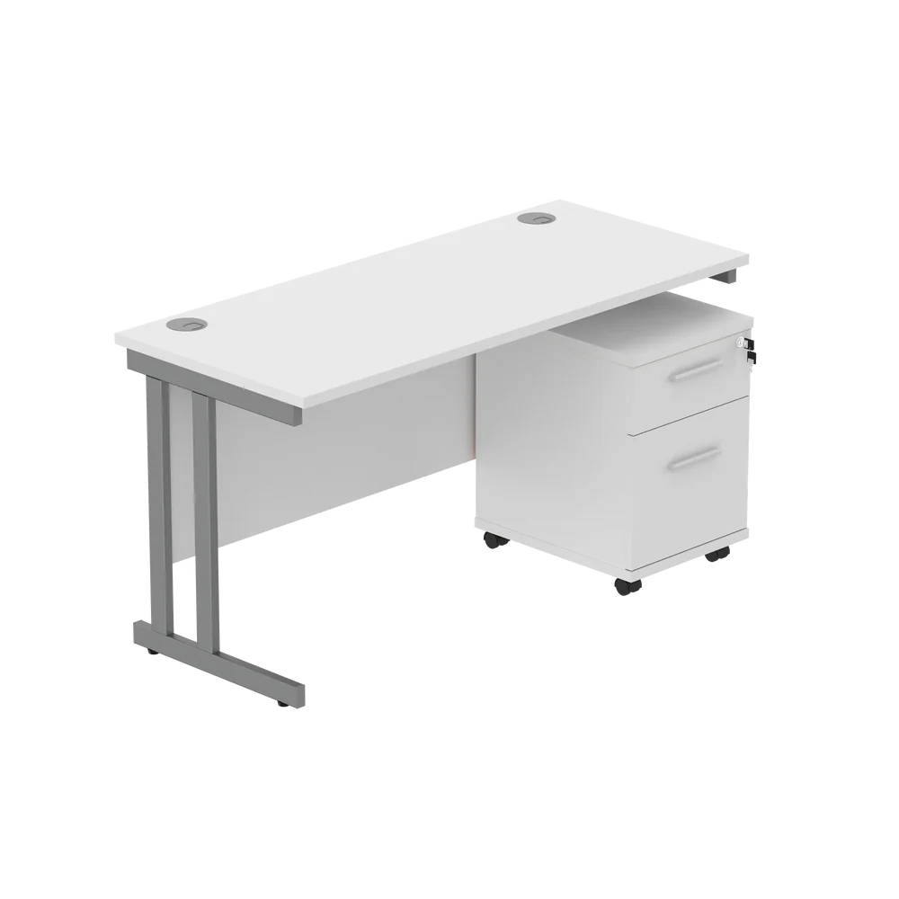 Office desk with a white top, grey frame and a matching pedestal on a white background