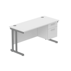 Office desk with white top, matching pedestal and grey frame on a white background