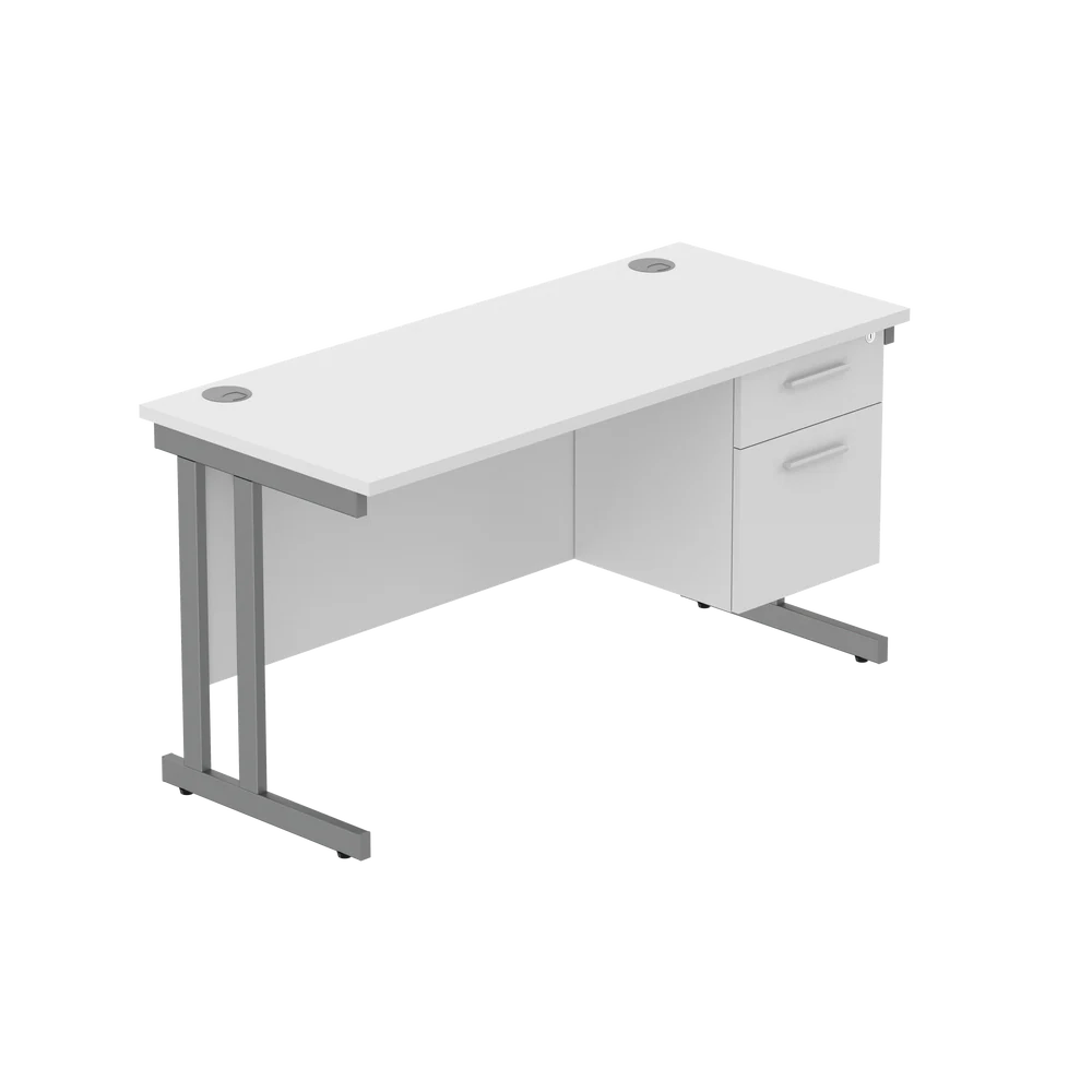 Office desk with white top, matching pedestal and grey frame on a white background