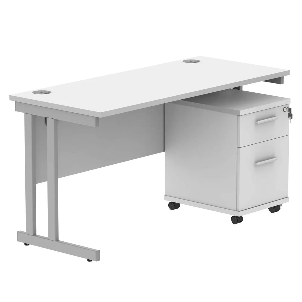 Office desk with a white top, silver frame and a matching pedestal on a white background