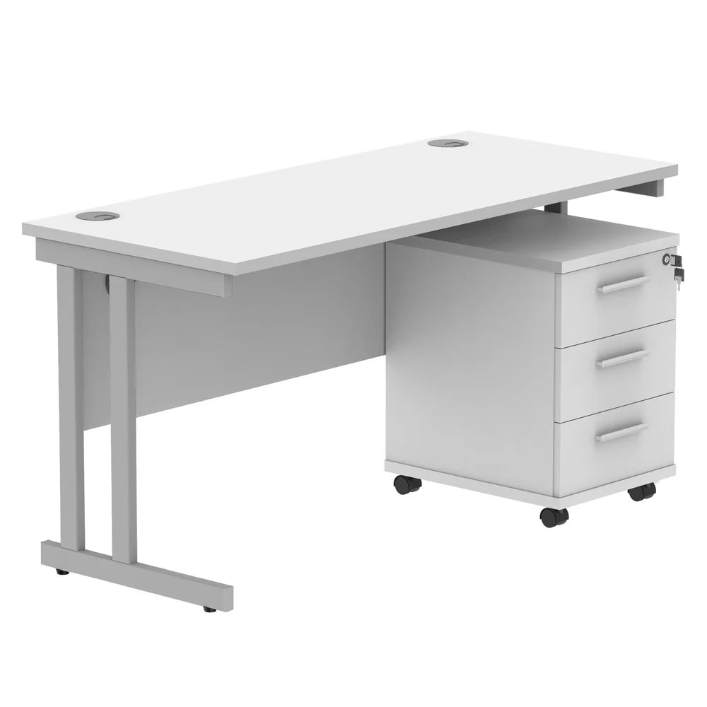 Office desk with white top, silver legs and a matching pedestal on a white background