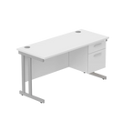 Office desk with white top, matching pedestal and silver frame on a white background