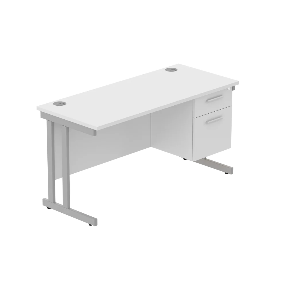 Office desk with white top, matching pedestal and silver frame on a white background