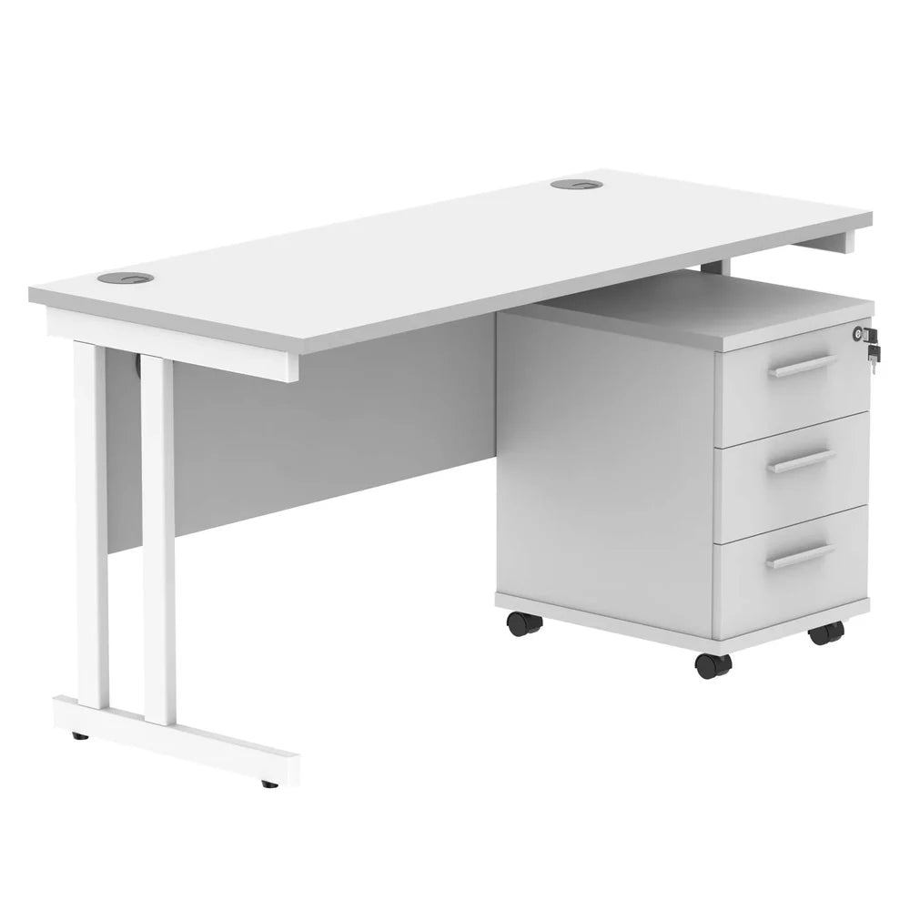 White office desk with a white pedestal unit on a white background