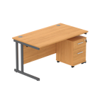 Office desk with a wood-effect top, grey frame and a matching pedestal on a white background