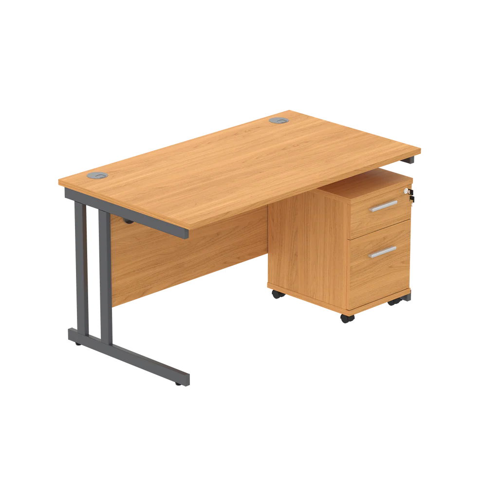 Office desk with a wood-effect top, grey frame and a matching pedestal on a white background