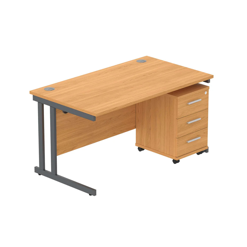 Office desk with wood-effect top, grey legs and a matching pedestal on a white background