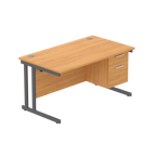 Office desk with wood-effect top, matching pedestal and grey frame on a white background