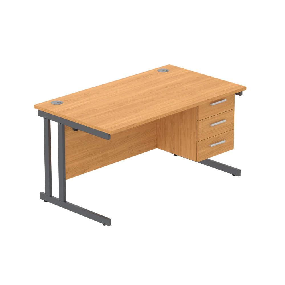 Office desk with wood-effect top, matching pedestal and grey frame on a white background