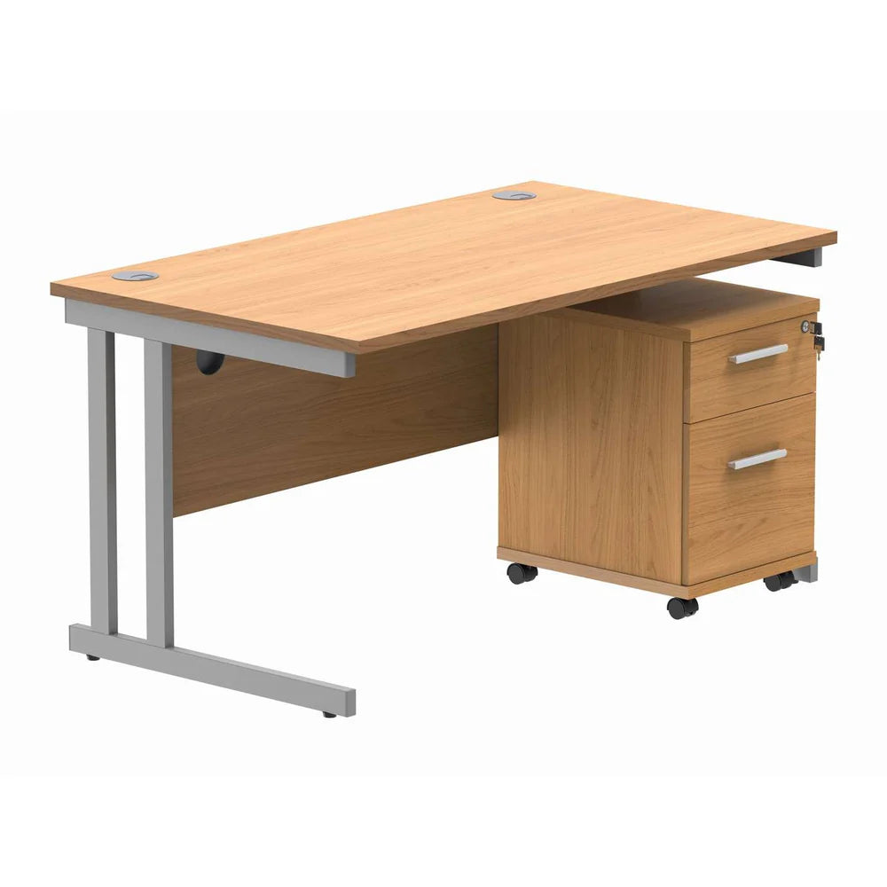 Office desk with a wood-effect top, silver frame and a matching pedestal on a white background