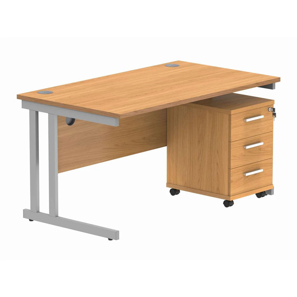 Office desk with wood-effect top, silver legs and a matching pedestal on a white background
