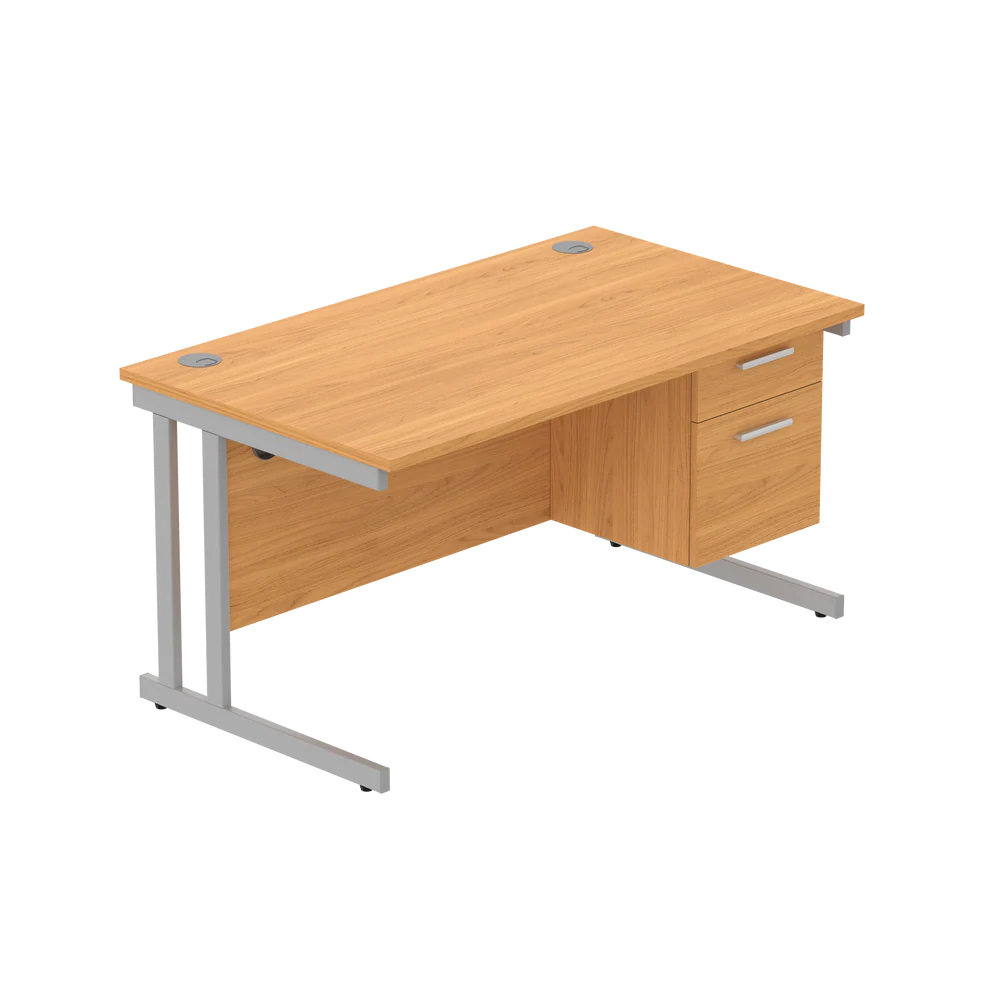 Office desk with wood-effect top, matching pedestal and silver frame on a white background