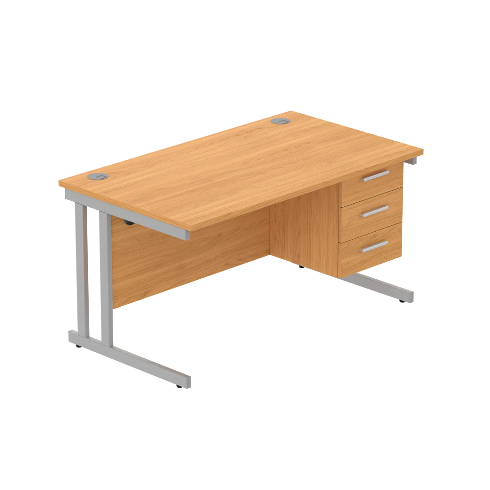 Office desk with wood-effect top, matching pedestal and silver frame on a white background