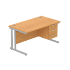 Office desk with wood-effect top, matching pedestal and silver frame on a white background