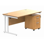 Office desk with a wood-effect top, white frame and a matching pedestal on a white background