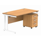 Office desk with wood-effect top, white legs and a matching pedestal on a white background