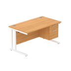 Office desk with wood-effect top, matching pedestal and white frame on a white background