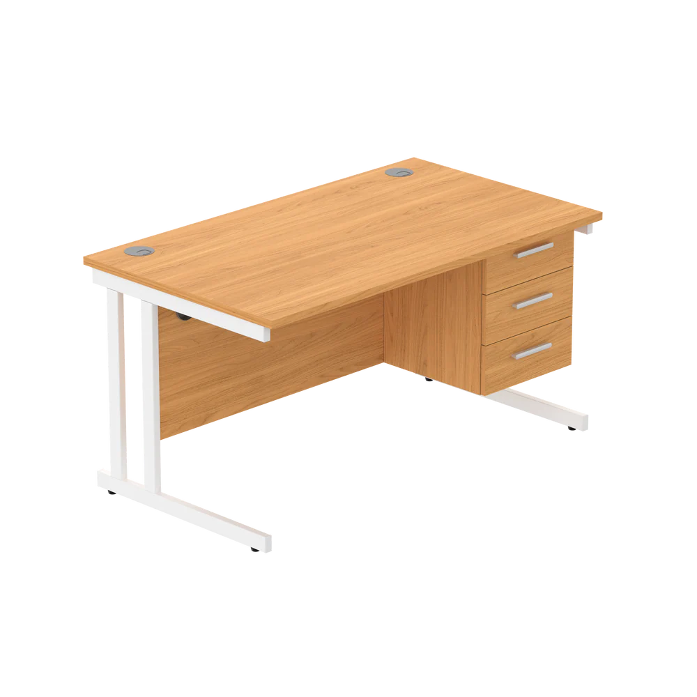 Office desk with wood-effect top, matching pedestal and white frame on a white background