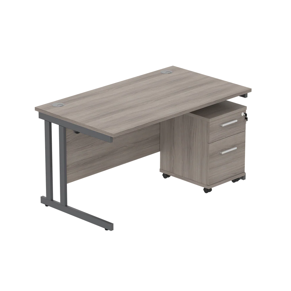 Office desk with a grey wood-effect top, grey frame and a matching pedestal on a white background