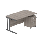 Office desk with a grey wood-effect top, grey frame and a matching pedestal on a white background
