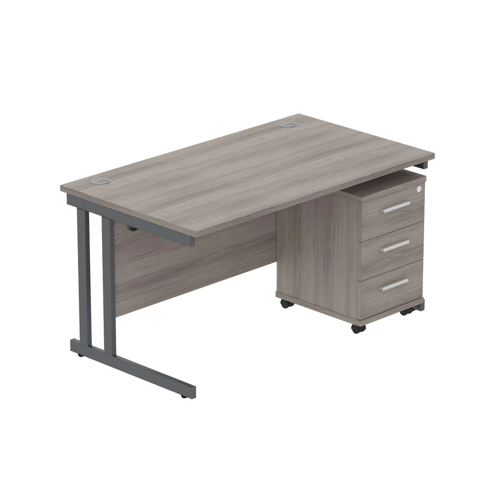 Office desk with grey wood-effect top, grey legs and a matching pedestal on a white background