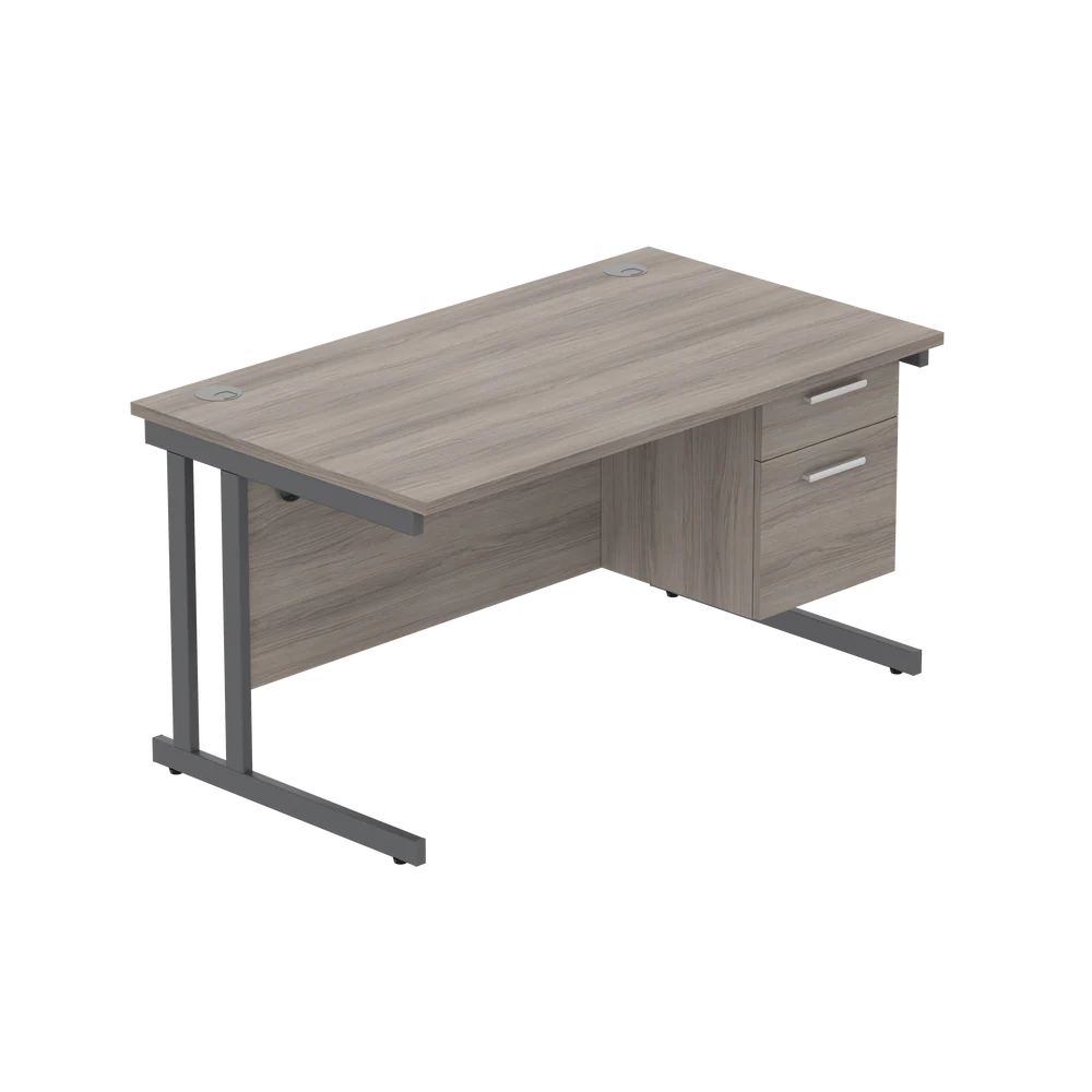Office desk with grey wood-effect top, matching pedestal and grey frame on a white background