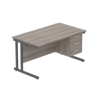 Office desk with grey wood-effect top, matching pedestal and grey frame on a white background