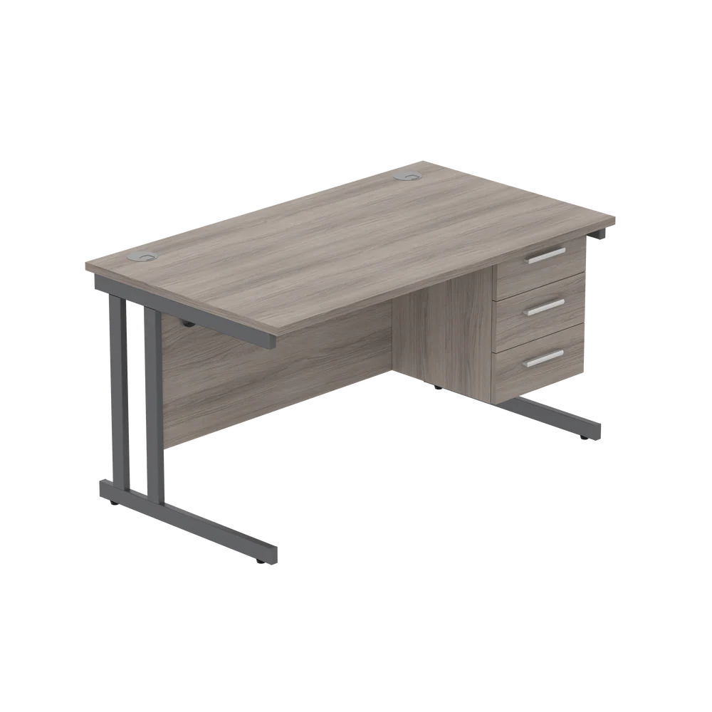 Office desk with grey wood-effect top, matching pedestal and grey frame on a white background
