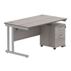 Office desk with a grey wood-effect top, silver frame and a matching pedestal on a white background