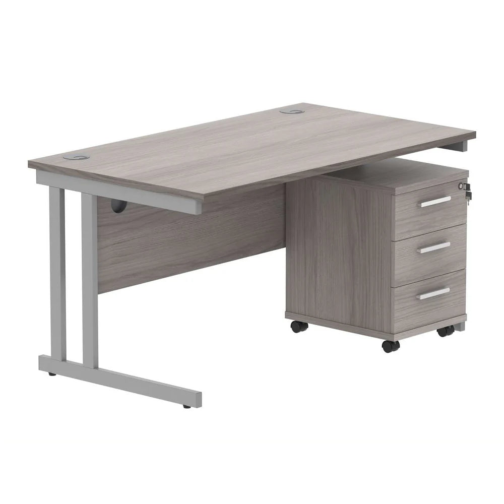 Office desk with grey wood-effect top, silver legs and a matching pedestal on a white background