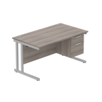 Office desk with grey wood-effect top, matching pedestal and silver frame on a white background