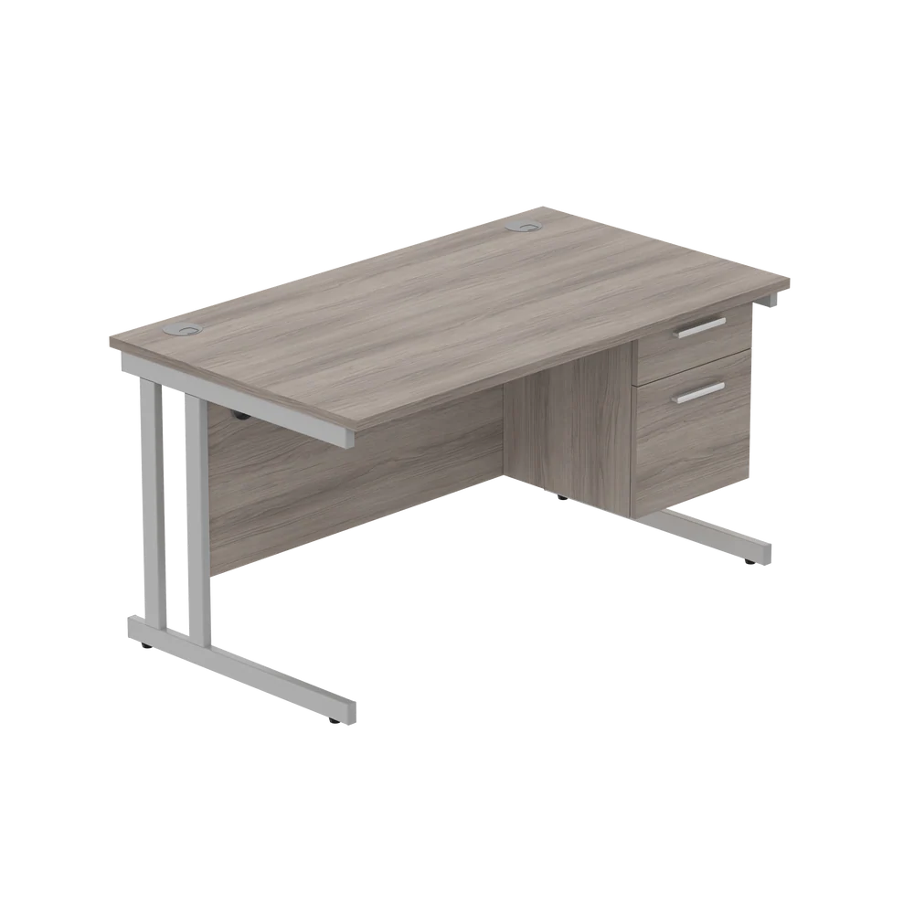 Office desk with grey wood-effect top, matching pedestal and silver frame on a white background